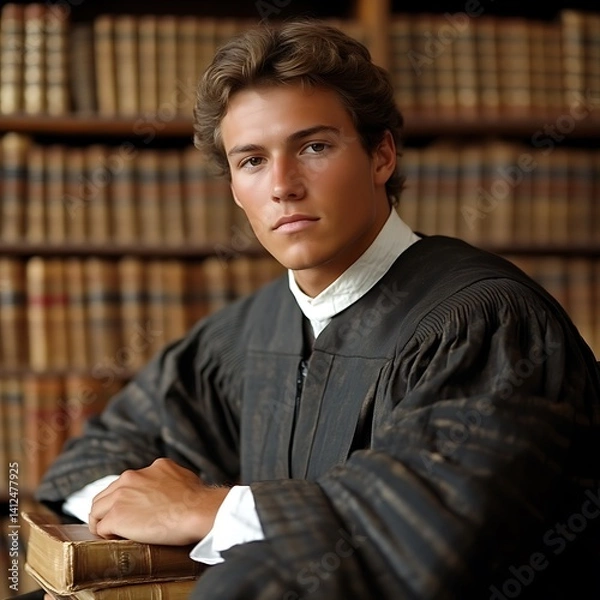 Fototapeta Young man in academic gown, library setting