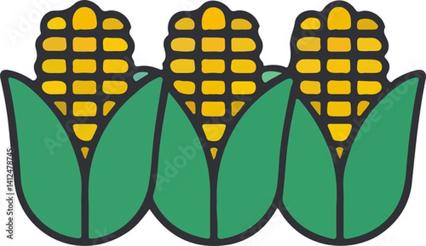 Fototapeta Three stylized ears of corn with yellow kernels and green leaves, presented in a simple and graphic cartoon style.