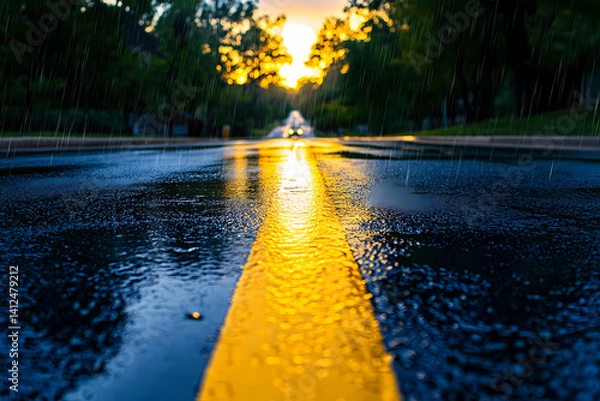 Fototapeta Rainy Road at Sunset: A wet road gleams with the golden light of a setting sun, creating a captivating contrast of dark asphalt and vibrant reflections.