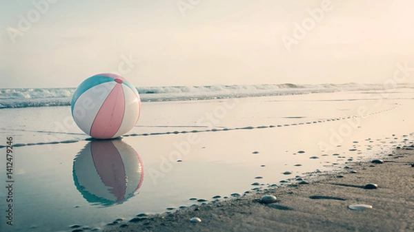 Fototapeta A colorful inflatable beach ball rests on wet sand near the shoreline, reflecting in a shallow tide pool at golden hour. A nostalgic summer scene.