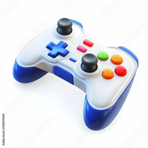 Obraz Modern Game Controller with Blue Trim and Colorful Buttons Isolated on White Background for Gaming Enthusiasts and Digital Entertainment Content