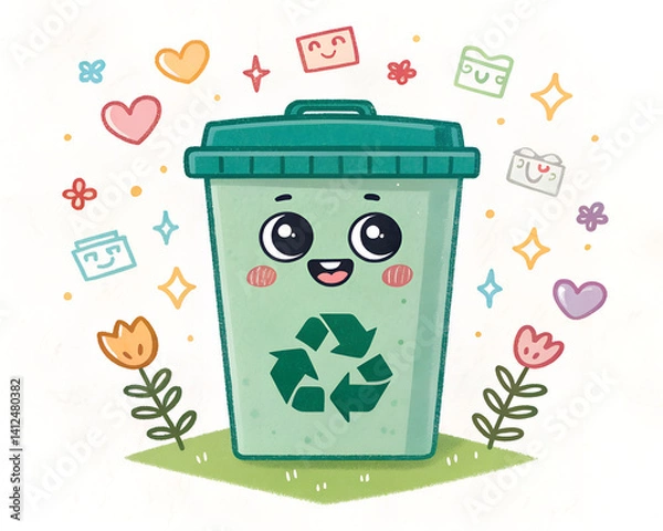 Fototapeta Cute smiling recycling bin surrounded by joyful elements  