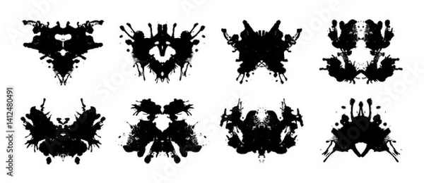 Fototapeta Rorschach test inkblots set isolated on white background. Vector realistic illustration of abstract black ink stains for mental treatment, abstract silhouettes for psychology examination, tattoo image