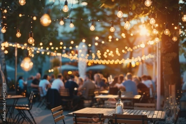 Obraz Elegant outdoor networking event with string lights illuminating
