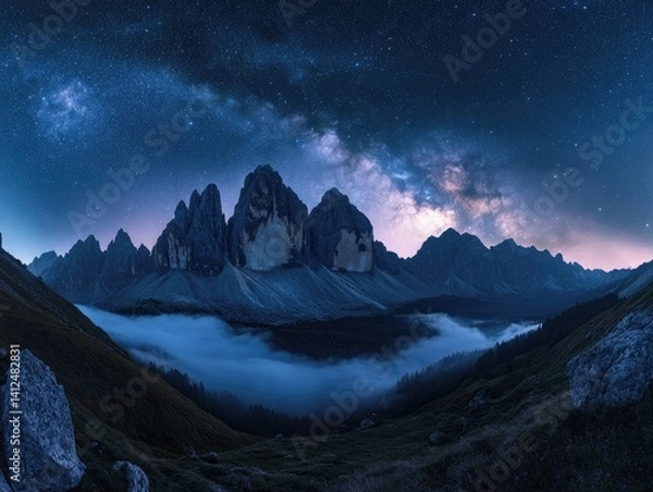 Obraz A majestic mountain range silhouetted against a star-filled sky, with the Milky Way arching overhead and a river of fog flowing through the valley