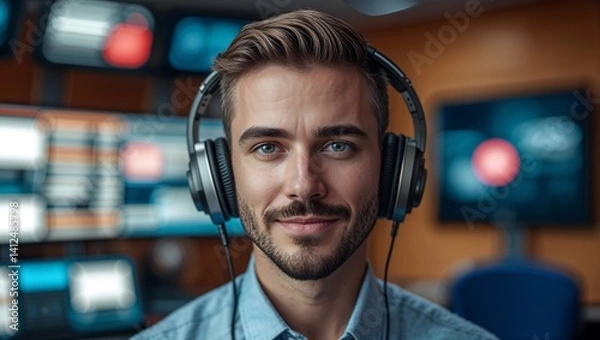 Obraz Friendly Radio Host in a Studio Portrait with Headphones, Beard, and Studio Lighting Against a Bokeh Background