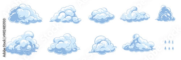 Fototapeta Cartoon blue cloud, weather storm and rain illustration isolated on transparent background vector illustration abstract shape simple and cute.