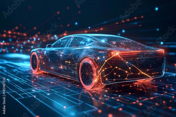Fototapeta The Essence of Connectivity: A futuristic vehicle, outlined in a vibrant digital glow, traversing a landscape of data, representing the convergence of automotive and technological innovation.