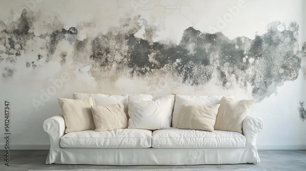 Fototapeta Modern light living room with a white sofa and pillows of neutral shades. The main attention is drawn by the wall behind the sofa, affected by mold and moisture.