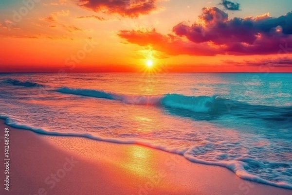 Obraz A vibrant sunset over a calm ocean with a sandy beach and gentle waves lapping at the shore