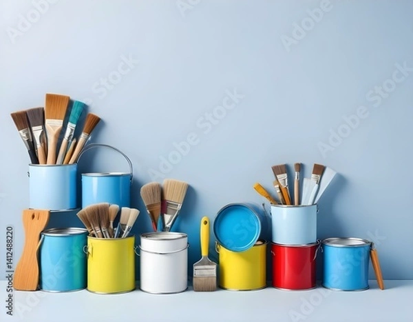 Fototapeta Instruments for renovation apartment room isolated on white and blue background. accessories for gluing, painting tools. Colorful paint cans. Concept of repair home. Copy space for advertisement.