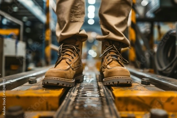 Fototapeta factory worker wearing safety shoes while in a factory