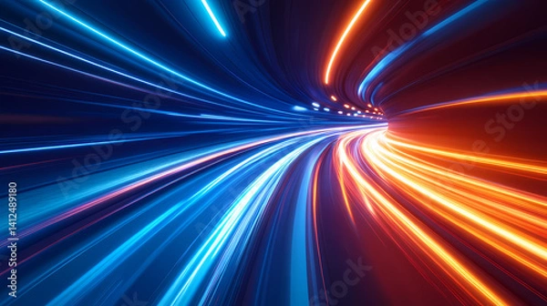 Fototapeta Illuminated Tunnel of Speed: A vibrant tunnel of light, radiating with streaks of speed, evokes a sense of fast-paced motion and futuristic technological advancement.