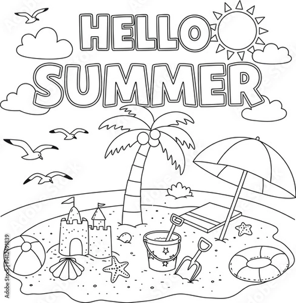 Fototapeta Hello summer coloring page for kids and adults with beach scene and summer elements coloring activity
