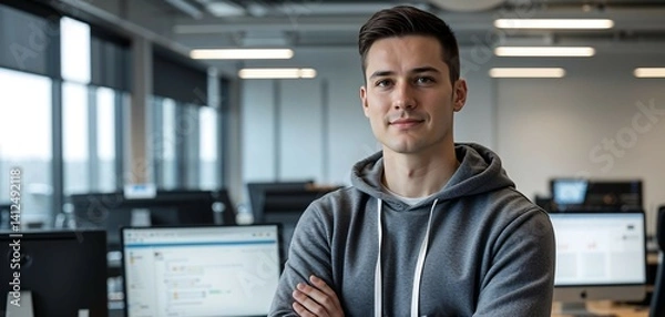 Obraz Portrait of a Clean-Cut Millennial Entrepreneur in a Contemporary Office Setting with Soft Lighting and a Relaxed, Approachable Demeanor