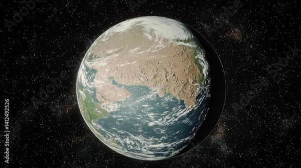 Fototapeta Exploring earth's diverse landscapes outer space digital visualization cosmic environment rotating view planetary science