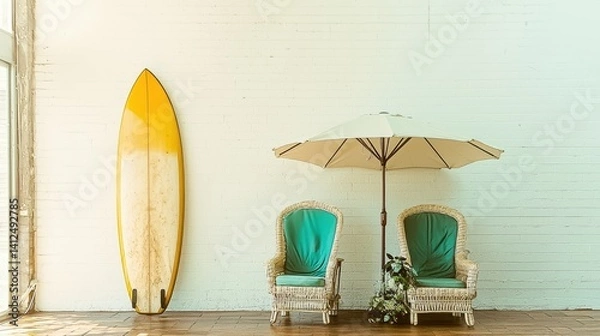 Obraz Relaxing beachside setting with surfboard coastal cottage lifestyle image casual environment bright viewpoint serenity concept