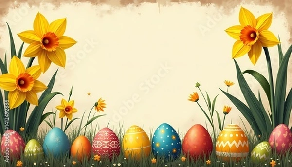 Fototapeta Colorful easter egg and daffodil on grass in spring. Holiday decoration with ornament traditional egg for easter card, invitation, greeting and celebration banner background.