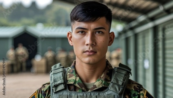 Obraz Photorealistic High-Resolution Portrait of a Young Soldier in Full Tactical Gear, Featuring Detailed Facial Features and a Modern Warfare Aesthetic