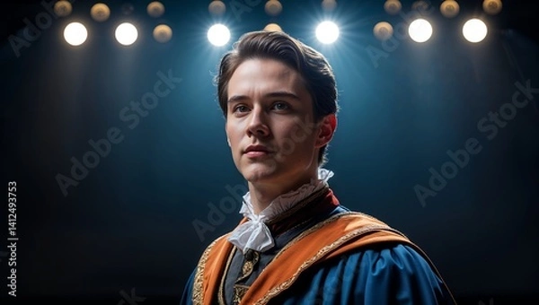 Obraz Portrait of a Graduate Student in Academic Regalia with Orange and Blue Robe, Dramatic Studio Lighting, and a Confident, Determined Expression
