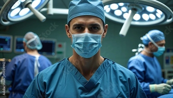 Obraz High-Resolution Portrait of a Healthcare Worker in Surgical Mask and Scrubs, Surrounded by Medical Equipment in a Cinematic Hospital Setting