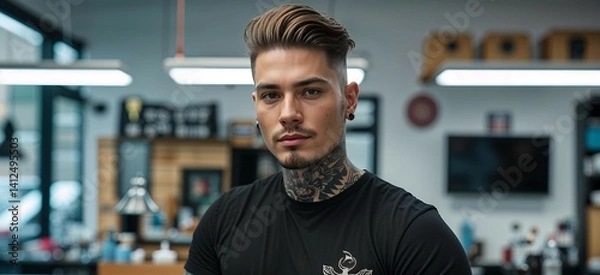 Obraz Masculine Tattoo Artist Portrait in Barbershop Setting with Blurred Background, Realistic Detail, and an Edgy, Urban Style Atmosphere