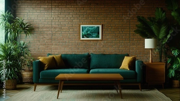 Fototapeta Urban jungle living room modern apartment design with green elements in a chic city environment