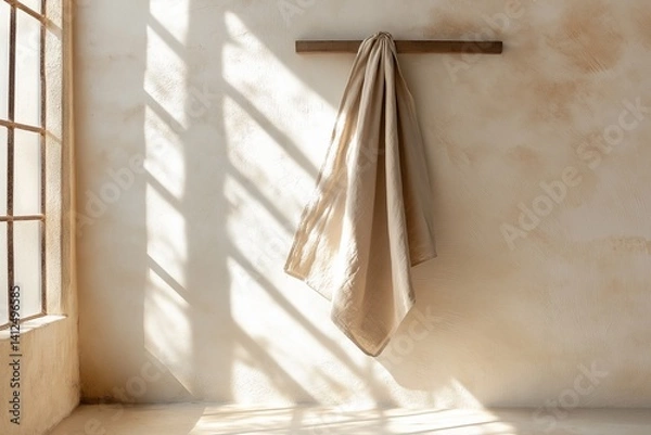 Fototapeta Soft linen fabric hanging in a sunlit corner of a minimalist room