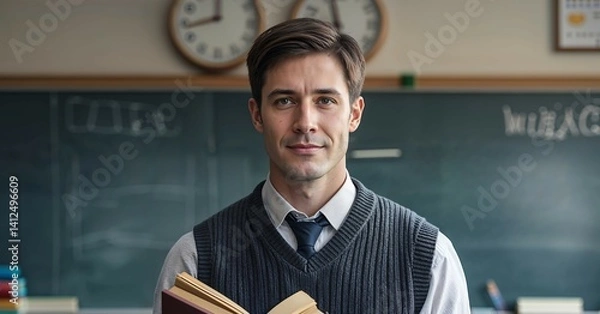 Obraz Inspiring Educator in a Classroom Setting with Warm Lighting, Professional Attire, and a Confident Pose in Front of a Chalkboard
