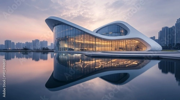 Fototapeta Modern building with curved design reflected in water at dusk or dawn.