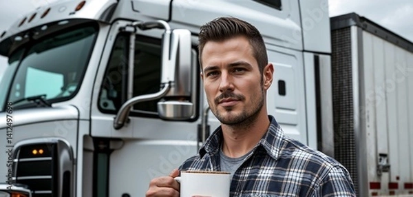 Obraz Realistic Outdoor Portrait of a Blue-Collar Truck Driver with Detailed Facial Features, Warm Lighting, and a Semi-Truck at Sunset