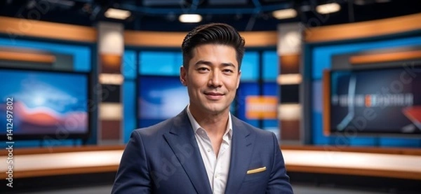 Obraz Professional Television Studio Portrait Featuring a Confident Asian Man with a Polished Look, Standing Against a Vibrant Game Show-Inspired Background