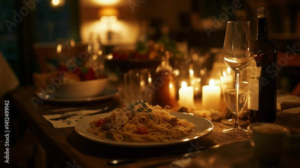 Fototapeta Dinner table set with pasta wine and candles in soft warm lighting