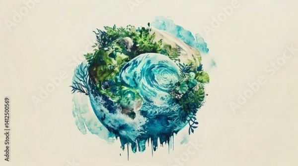 Fototapeta Watercolor Globe Depicting Environmental Awareness with Lush Greenery and Swirling Blue Oceans on Textured Background