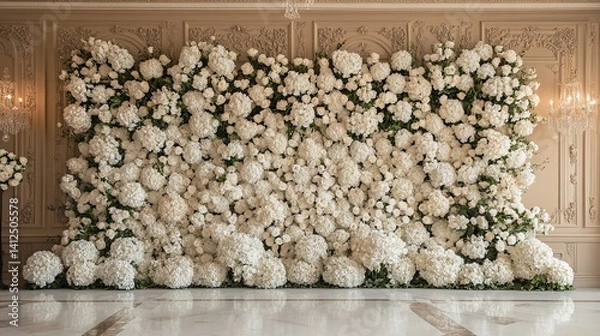 Fototapeta Elegant White Flower Wall Backdrop Featuring Hydrangeas and Garden Roses Against Classic Architectural Moldings in High-End Event Venue with Marble Flooring