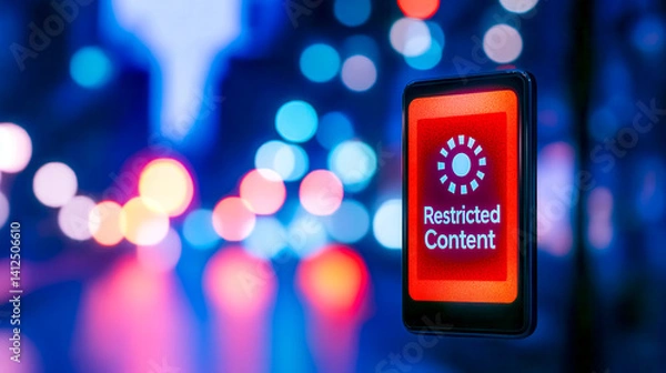 Fototapeta Smartphone displaying restricted content notification in city at night