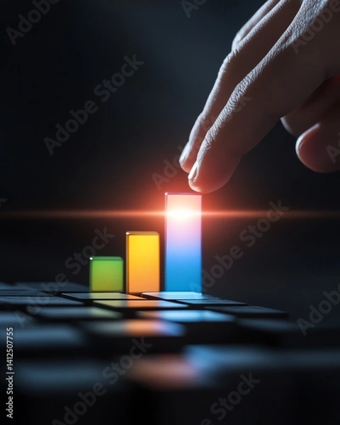 Fototapeta Multicolored bar chart reaching for glowing financial target node