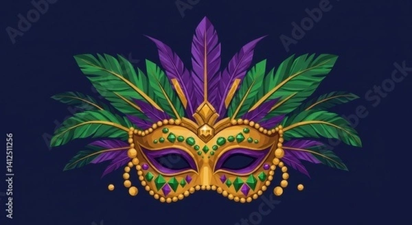 Fototapeta Geometric Mardi Gras Mask Illustration with Feathers, Jewels, and Angular Pattern