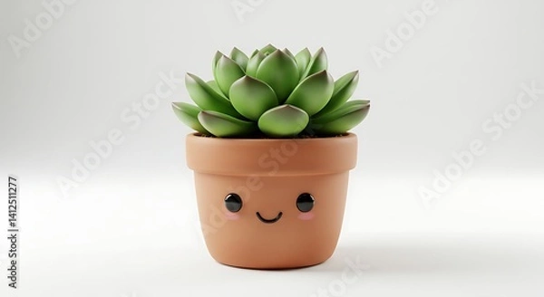 Fototapeta Cute kawaii-style succulent with a smiling pot