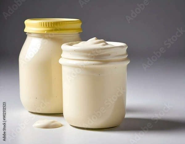 Fototapeta mayonnaise; jar; white; isolated; dressing; background; food; sauce; cream; container; ingredient; condiment; plastic; object; closed; bottle. tartar sauce; mayo; sour; dairy;