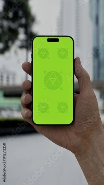 Fototapeta GREEN SCREEN CHROMA KEY Smartphone with a green screen held outdoors in a modern urban setting with high-rise buildings and traffic in the background