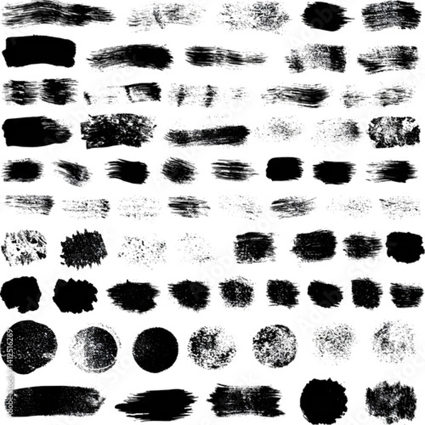 Fototapeta Set of black and white grunge overlay texture shapes, painting ink organic strokes lines circles noise patterns png