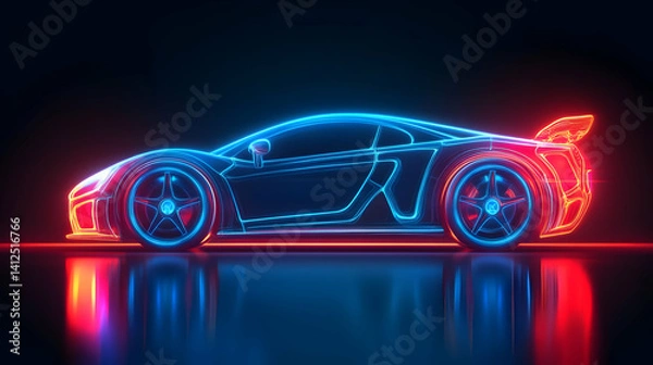 Obraz Neon Outlined Sport Car with Blue and Red Lights on a Shiny Reflective Surface Against a Dark Background