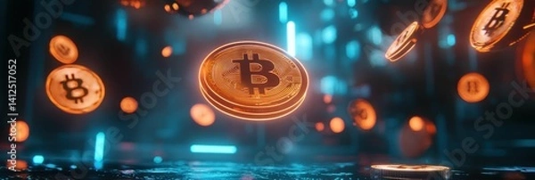 Fototapeta Futuristic Digital Finance: Conceptual Bitcoin Currency in Neon-lit Cyberspace