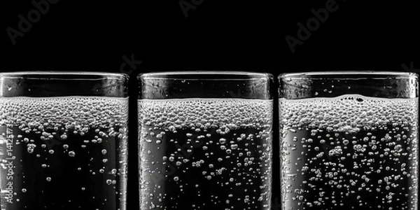 Fototapeta Three glasses of bubbling carbonated water against black background