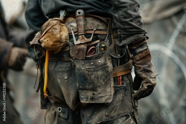 Fototapeta Close-up of a construction worker with a bag and tools kit worn on the waist