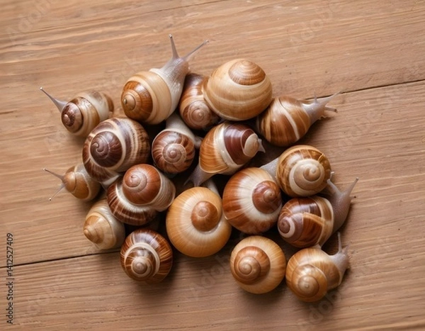 Fototapeta Organic farming, Agriculture, Edible snails on wooden boards. Production of snails. Snail farm. Snails are mollusks with a brown striped shell, at the stage of maturation