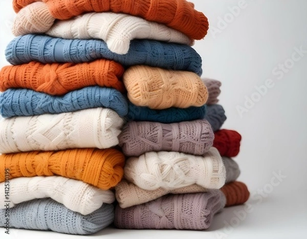 Fototapeta Pile of knitted warm colorfull sweaters with different knitting patterns folded in stack on white background, white wall background. Fall winter season knitwear. Close up, copy space for text.