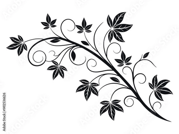 Fototapeta ivy vine design element, minimalistic vector of leaves in outline, plant stem or tree branch clip-art, pretty curving floral design isolated on white background, decorative wedding invitation art