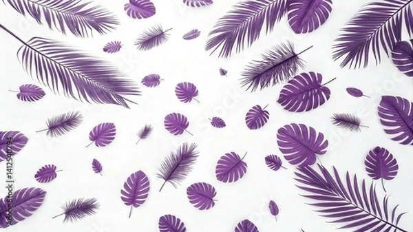 Fototapeta A vibrant pattern featuring purple palm leaves scattered against a light background, creating a lively, tropical aesthetic.